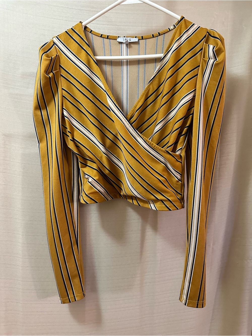 IRIS BOGO Mustard Yellow Striped Wrap Front Cropped Long Sleeve Top Size Small